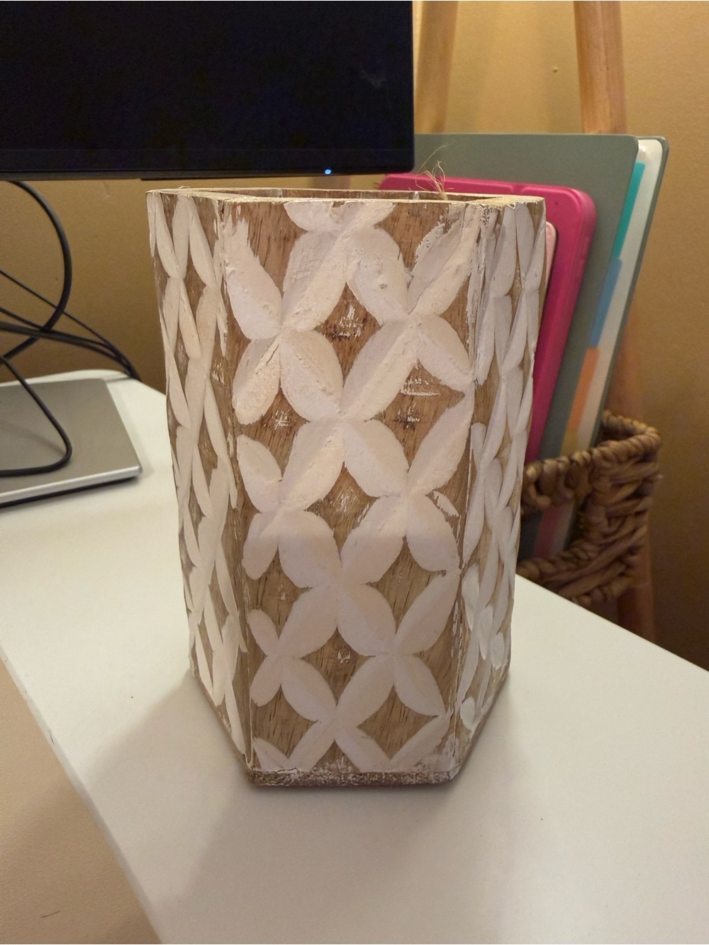 Decorative White Patterned Wooden Vase - Home Accents